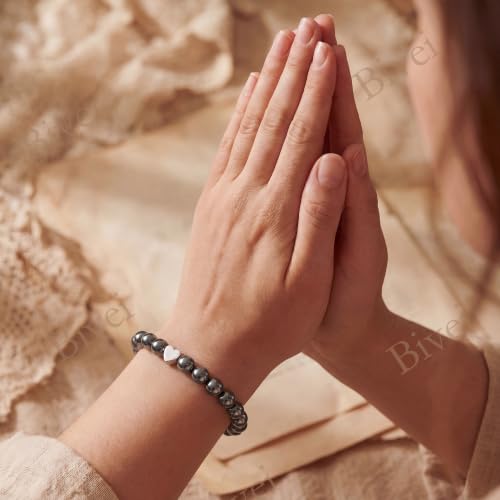 Bivei Crystal Stretch 6mm Bracelets for Women | Handmade Natural Stone Beaded Stretch Bracelet, Stainless Steel Heart Bead, Tranquility Yoga Gift Jewelry for Women - color: Hematite - Grounding