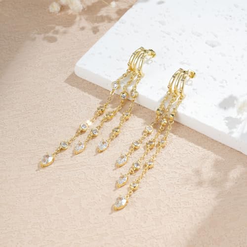 14K Gold Plated Dangle Earrings for Women, Dainty Hoop Huggie Studs, Long Hanging Tassel Chain Multi Pierced Ear Stacking Jewelry Gifts - color: CZ Drop Dangle-Gold