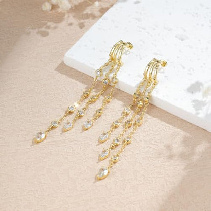 14K Gold Plated Dangle Earrings for Women, Dainty Hoop Huggie Studs, Long Hanging Tassel Chain Multi Pierced Ear Stacking Jewelry Gifts - color: CZ Drop Dangle-Gold