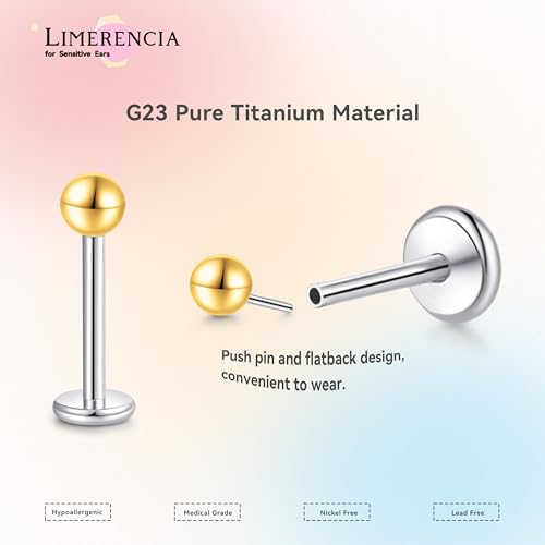 limerencia Titanium Threadless Flat Back Earrings Stud Piercing Jewelry | 20G Press Fit Titanium Push Pop in Cartilage Tragus Labret Lip Medusa Conch Piercing Jewelry Hypoallergenic for Women Men - style: 3MM Ball Gold