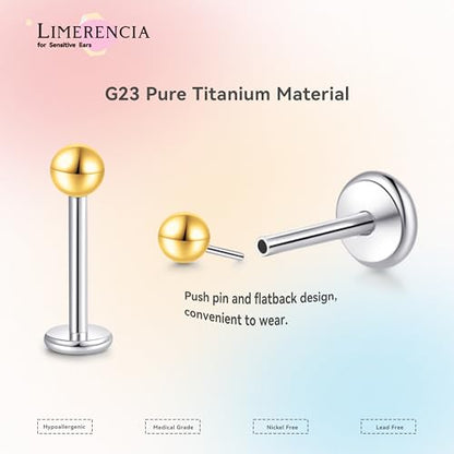 limerencia Titanium Threadless Flat Back Earrings Stud Piercing Jewelry | 20G Press Fit Titanium Push Pop in Cartilage Tragus Labret Lip Medusa Conch Piercing Jewelry Hypoallergenic for Women Men - style: 3MM Ball Gold
