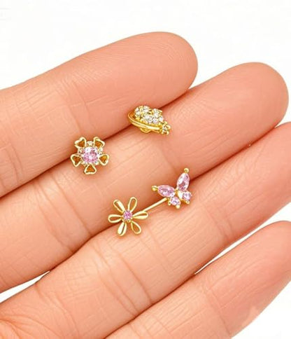 Tornito 16Pcs Nose Rings L Shaped Nose Stud Stainless Steel Butterfly Flower Leaf Heart Moon Dangle Nose Stud Ring Body Piercing Jewelry for Women Men 20G Pink Blue Clear CZ - color: D: Pink Gold