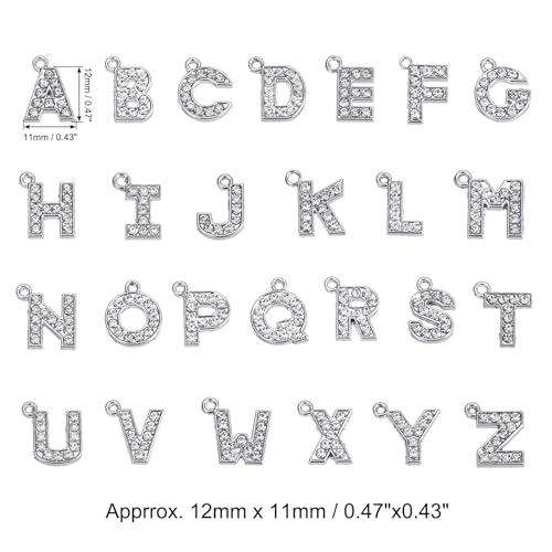 MECCANIXITY Alphabet A-Z Letter Charm Jewelry Rhinestones Initial Pendant for Jewelry Making, Bracelet, Craft, Pack of 26, Silver