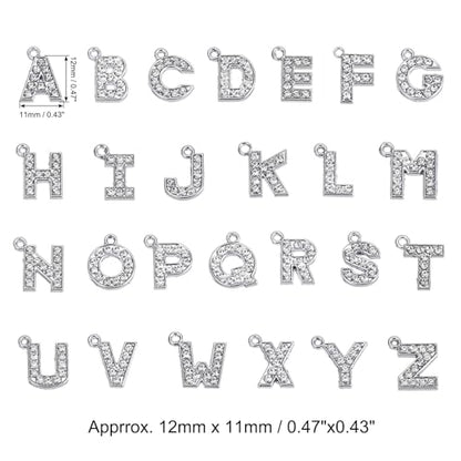 MECCANIXITY Alphabet A-Z Letter Charm Jewelry Rhinestones Initial Pendant for Jewelry Making, Bracelet, Craft, Pack of 26, Silver