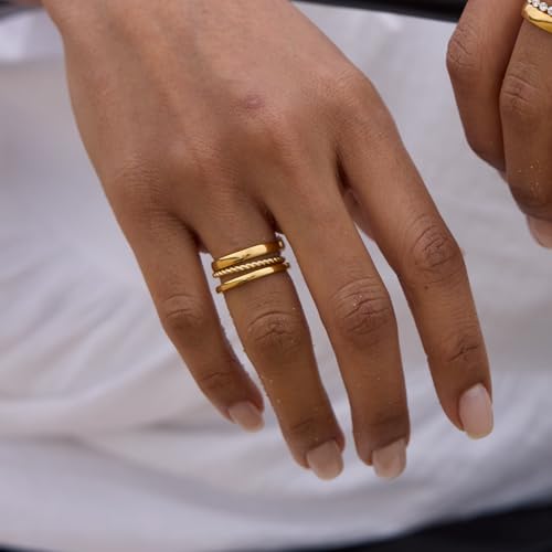 STORYJEWELLERY Gold Plated Rings for Women, Stackable Rings, Gold Plated Wedding Bands for Women, Twisted Pointer Finger Ring, Thin Band Ring