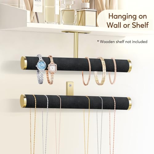 Velvet Necklace Holder Wall Jewelry Organizer, 12" Hanging Necklace Organizer, 2 Pack Wall Mounted Necklace Hanger for Bracelets Bangles Display,Black - color: Black