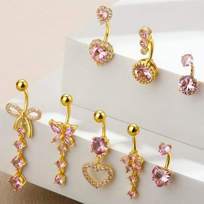 BSJ4U 8Pcs Gold Pink Silver Belly Button Ring Dangle Navel Belly Piercing Jewelry Cute CZ Butterfly Heart Flower Bow Navel Belly Rings for Women 14G Hypoallergenic Surgical Stainless Steel Dainty Dangling Dangly Belly Button Piercing Pack - color: Gold Pi
