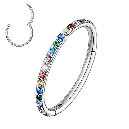 MissNity 20G, 18G, 16G, 14G Hinged Nose Rings Hoop with Gem in 316L Surgical Steel, Septum Clicker Cartilage Earrings Conch Daith Helix Rook Ear Lobe Piercing Jewelry, Diameter 6mm to 12mm - color: 07: Steel - Multi-colored CZ
