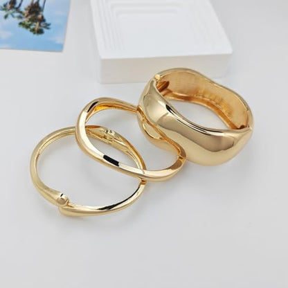 Chunky Gold Bangle Bracelets for Women, 14K Gold Plated Wide Cuff Bracelet | Stackable Open Cuff Bangles, Trendy Statement Jewelry Gift for Women - color: Gold-12