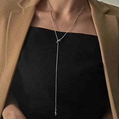 Lariat Necklaces for Women, Dainty Minimalist Knotted Rope Design Pendant Long Y Necklaces 18k Gold Plated Trendy Chain Jewelry - color: Silvery, style: Trendy