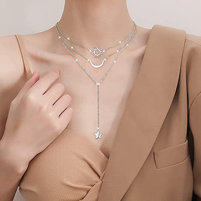 925 Sterling Silver Multilayer Layered Triple Long Chain Necklace for Women - style: Sun Moon Star