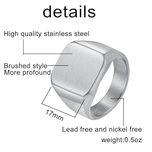 Nanafast Men's Brushed Rings Stainless Steel Square Signet Rings for Men, Chunky Signet Statement Rings, Father's Day Gift for Father Husband