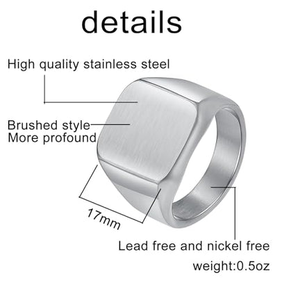 Nanafast Men's Brushed Rings Stainless Steel Square Signet Rings for Men, Chunky Signet Statement Rings, Father's Day Gift for Father Husband