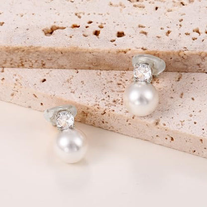 Awinesn Pearl Clip on Earrings for Women 14K Gold Silver Plated Pearl Earrings Cubic Zirconia Non Pierced Earrings for Women Jewelry Gifts Wedding Party - color: CZ-silver-12mm