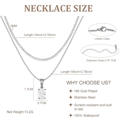 Layered Necklaces for Women, Dainty 14K Gold Plated Diamond Tennis Necklace, Simple Stackable Layered Gold Necklaces for Women Trendy Sparkly Cubic Zirconia Pendant Necklace Set Jewelry Gift - color: Silver - Tennis & Irregular Diamond