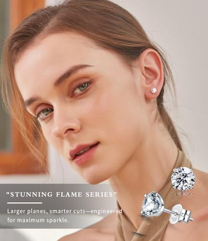 "STUNNING FLAME" Trillion-cut/Cushion-cut/Emerald-cut/Marquise-cut ... 18K White Gold Plated Sterling Silver Cubic Zirconia Simulated Diamond Stud Earrings for Women - color: Round-Cut, size: medium-white gold plated silver
