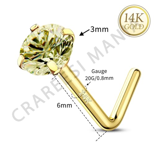 14K Real Gold Nose Studs 20G Nose Rings Studs L Shaped Nose Rings for Women Men Diamond CZ Nose Piercing - color: Yellow Gold-Round GRCZ