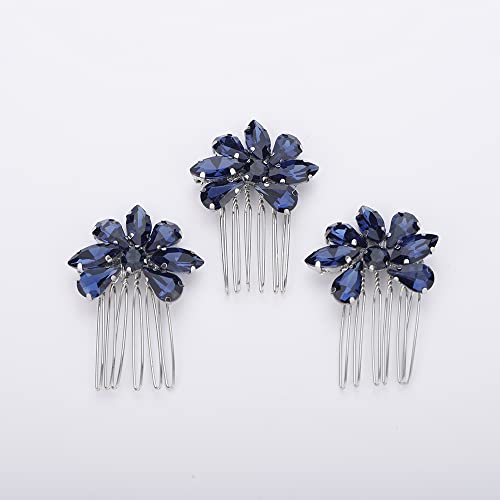 Teyglen Simple Rhinestones Crystal Bride Wedding Hair Comb Set Handmade Red Blue Black Crystal Side Hair Combs Bridal Hair Jewelry Set for Women Bride Girls (Dark Blue) - color: Dark Blue