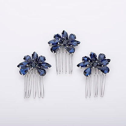 Teyglen Simple Rhinestones Crystal Bride Wedding Hair Comb Set Handmade Red Blue Black Crystal Side Hair Combs Bridal Hair Jewelry Set for Women Bride Girls (Dark Blue) - color: Dark Blue