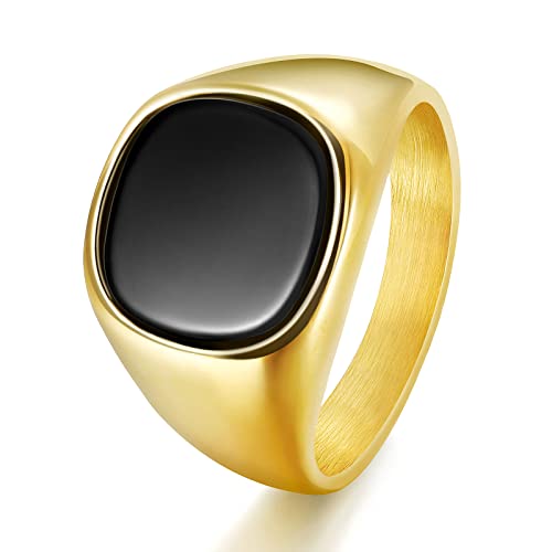TRUMIUM 18K Gold Plated Signet Rings for Men Women Black Onyx inlay Silver Gold Wedding Bands Lightweight Thick Statement Ring Comfort Fit Size 7-13 - color: Square Gold Plated