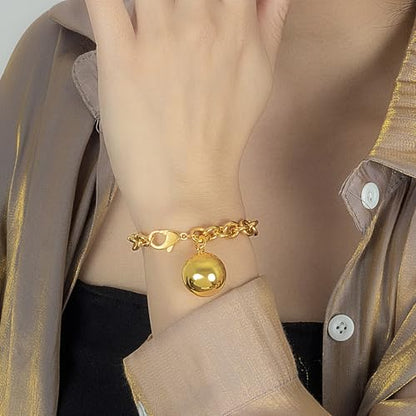 Dankadi Women 925 Sterling Silver Round Cable Wire Link Bracelet Charm Heart-Bell-Square-Circle Pendant Chain Bangle Fine Jewelry Gift For Wife Her - color: 8.5MM Gold Bell Pendant, size: 6.7 in