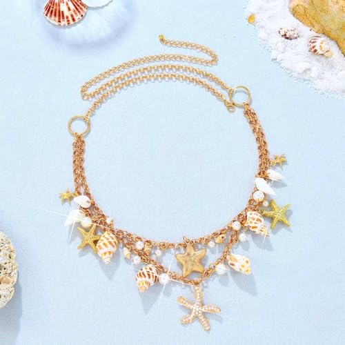 BODIY Seashell Waist Body Chain Starfish Belly Chain Jewelry for Women | Gold Bikini Waist Chain Mermaid Custom Accessories Layered Summer Beach Chain Adjustable for Party Vacation Fashion - color: Gold Layered