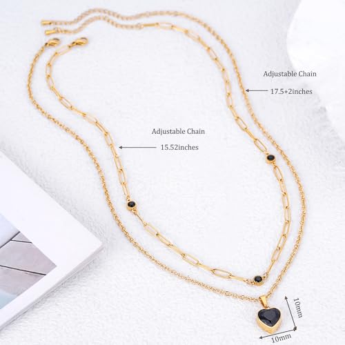 Birthstone Layered Pendant Paperclip Necklace 18k Gold Plated Heart Choker Chain Necklace Emerald Cut Jewelry Birthday Gift for Women - color: Black Heart