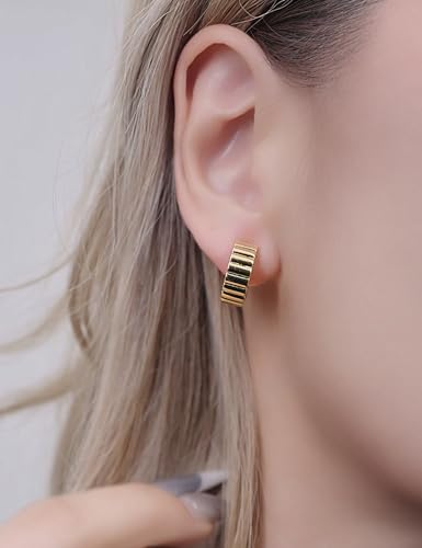 FAN&LOUIS Gold Silver Clip On Hoop Earrings, 14K Chunky Gold Small Hoops Lightweight Clip-On Earrings for Women Trendy│Chic Boho Ribbed Croissant Scallop Statement Clip Earrings Teen Gifts - style: Gold