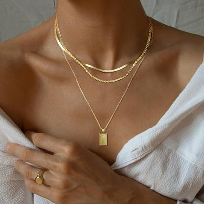 Gold Layered Necklaces for Women Stack Boho Stacking Layering 14K Gold Plated Chain Necklaces Set Cuban Link Herringbone Twist Chain Square Coin Pendant Necklace Jewelry Gifts Trendy Stuff - color: A Gold Layered Square Necklace