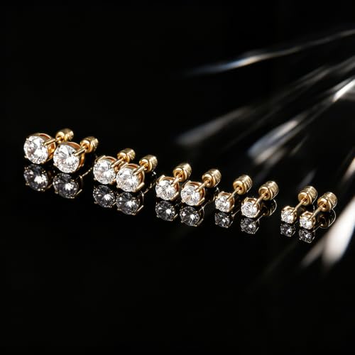 5 Pairs Screw Back Stud Earrings Set, Cubic Zirconia Stud Earring for Women Men Hypoallergenic 316L Surgical Stainless Steel Round Cut CZ 3-7mm - color: Yellow Gold Plated
