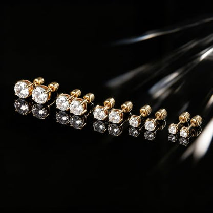5 Pairs Screw Back Stud Earrings Set, Cubic Zirconia Stud Earring for Women Men Hypoallergenic 316L Surgical Stainless Steel Round Cut CZ 3-7mm - color: Yellow Gold Plated