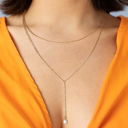 2 PCS Layered Long Gold Necklace Set for Women 18K Gold Plated Dainty Lariat Y Necklaces