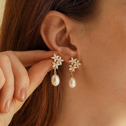 Pearl Earrings for Women:Gold Wedding Dangle Drop Earring Pearl Jewelry | 14K Gold Plated Pearl Drop Earrings for Women,Dainty Wedding Bride Earring Studs,Gold Dangle Drop Earring,Waterproof Jewelry - size: 1 pcs-9