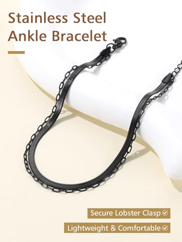 FindChic Ankle Bracelets for Women, Silver/Black/Gold Plated Layered Stainless Steel Anklets, Non-Tarnish Adjustable Waterproof Trendy Foot Jewelry for Beach Summer - style: Snake & Paperclip Chain-Black