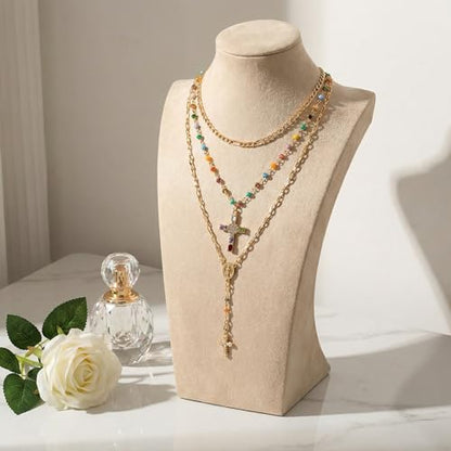 Gold Cross Layered Necklaces for Women,Colorful Crystal Drop Necklace,Gold Cross Pendant Necklace Stack,Fashion Long Tassel Chest Chain Jewelry Layered Rhinestone Neck Chain Accessories - color: Gold-2