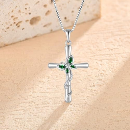 Cross Necklace for Women 925 Sterling Silver Butterfly Necklace Birthstone Pendant Created Gemstone Jewelry Gifts for Women - color: 05 May - Emerald