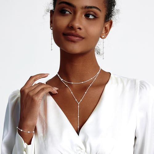 Zeffy Gold Pearl Necklace for Women, Dainty 14K Gold/Silve Plated Layered Pearl Choker Pearl Earrings Pearl Bracelets Wedding Trendy Gold Jewelry Set for Women Gifts - style: Silver Pearl Y Necklace&Drop Earrings&Bracelet-3PCS