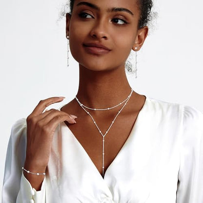 Zeffy Gold Pearl Necklace for Women, Dainty 14K Gold/Silve Plated Layered Pearl Choker Pearl Earrings Pearl Bracelets Wedding Trendy Gold Jewelry Set for Women Gifts - style: Silver Pearl Y Necklace&Drop Earrings&Bracelet-3PCS