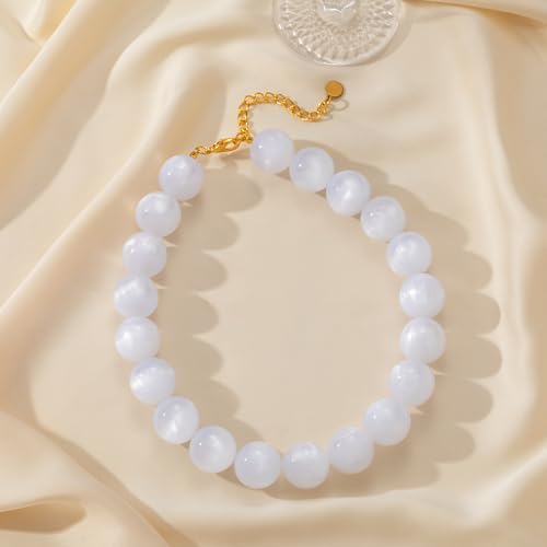 Beaded Necklace for Women Boho Chunky Large Round Beaded Statement Choker Trendy Adjustable Resin Necklaces Summer Beach Jewelry Gifts - color: Milky White