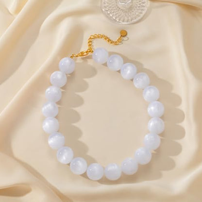 Beaded Necklace for Women Boho Chunky Large Round Beaded Statement Choker Trendy Adjustable Resin Necklaces Summer Beach Jewelry Gifts - color: Milky White
