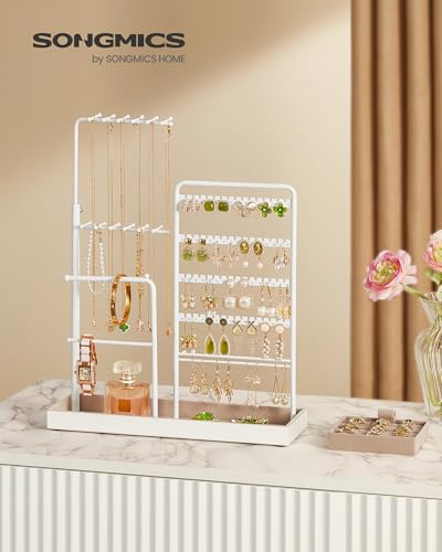 SONGMICS Jewelry Holder, Metal Frame, Velvet Tray, Matte White | Jewelry Storage Organizer Stand with Metal Frame, 12.1 to 18.7 Inches Tall Height Adjustable Necklace Holder for Rings - color: Matte White