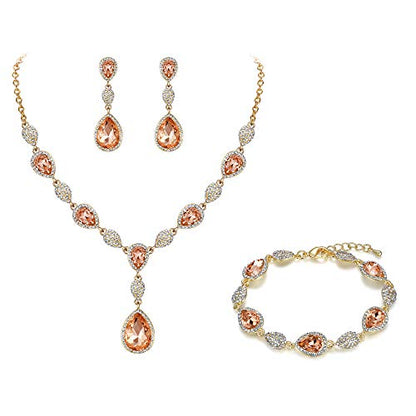 EleQueen Women's Wedding Bridal Jewelry Sets for Brides Bridesmaids, Cubic Zirconia Teardrop Necklace Tennis Bracelet Dangle Earrings Jewellery Set - color: 09-Champagne Color Gold-Tone