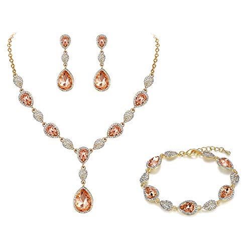 EleQueen Women's Wedding Bridal Jewelry Sets for Brides Bridesmaids, Cubic Zirconia Teardrop Necklace Tennis Bracelet Dangle Earrings Jewellery Set - color: 09-Champagne Color Gold-Tone