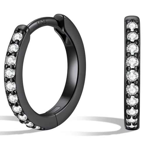 Silvora 925 Sterling Silver Huggie Hoop Earrings for Women, Small Hoop Earrings for Women, Cubic Zirconia Cartilage Earrings for Sensitive Ears, 6/8/10/12/14/16/18/20mm - color: A.Black Plated, size: 10MM