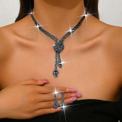 Unicra Silver Rhinestone Bridal Wedding Jewelry Set Crystal Necklace Earrings Sets Formal Prom Costume Jewelry Sets for Women and Brides - color: Black