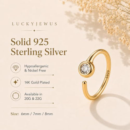 LUCKYJEWUS 14K Gold Plated 925 Sterling Silver CZ Diamond Nose Ring Hoop for Women -Dainty Small Thin Nose Piercing Jewelry with Tiny CZ Stud, 20G/22G, 6mm/7mm/8mm - size: 1pc - 8mm 20 gauge