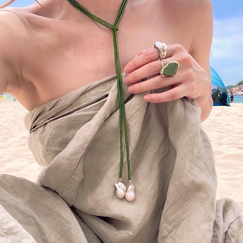 Chunky Puffy Heart Layered Gold Choker & Green Beaded Lariat Necklace with Baroque Pearl Drops, Adjustable Wrap Y Style Bohemian Jewelry Fashion Accessory for Women Gifts - color: green