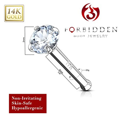 Forbidden Body Jewelry 14k Gold Nose Ring, 20g, Solid 6mm Stud, 2mm CZ Simulated Diamond, Non-Irritating Skin Safe Real Gold, Women and Men - color: 14k White Gold