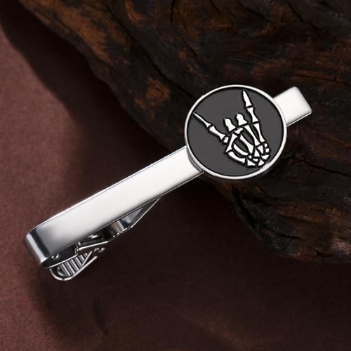 Dreamtimes Rock Skull Hand Tie Clip Halloween Shirt Tie Clips Figurine Sign Language Tie Clip Rock On Hand Gesture Stainless Steel Novelty Tie Accessory for Men - style: Style 2-S