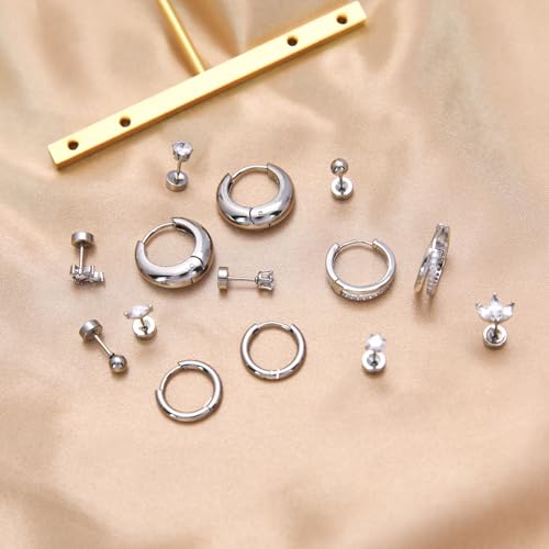 Stainless Steel Stud Earrings Set for Women Hypoallergenic Flat Back Cartilage Earrings Screw Back Huggie Hoop Earrings Multiple Piercing Cubic Zirconia Helix Tragus Jewelry - color: Set-A-Silver